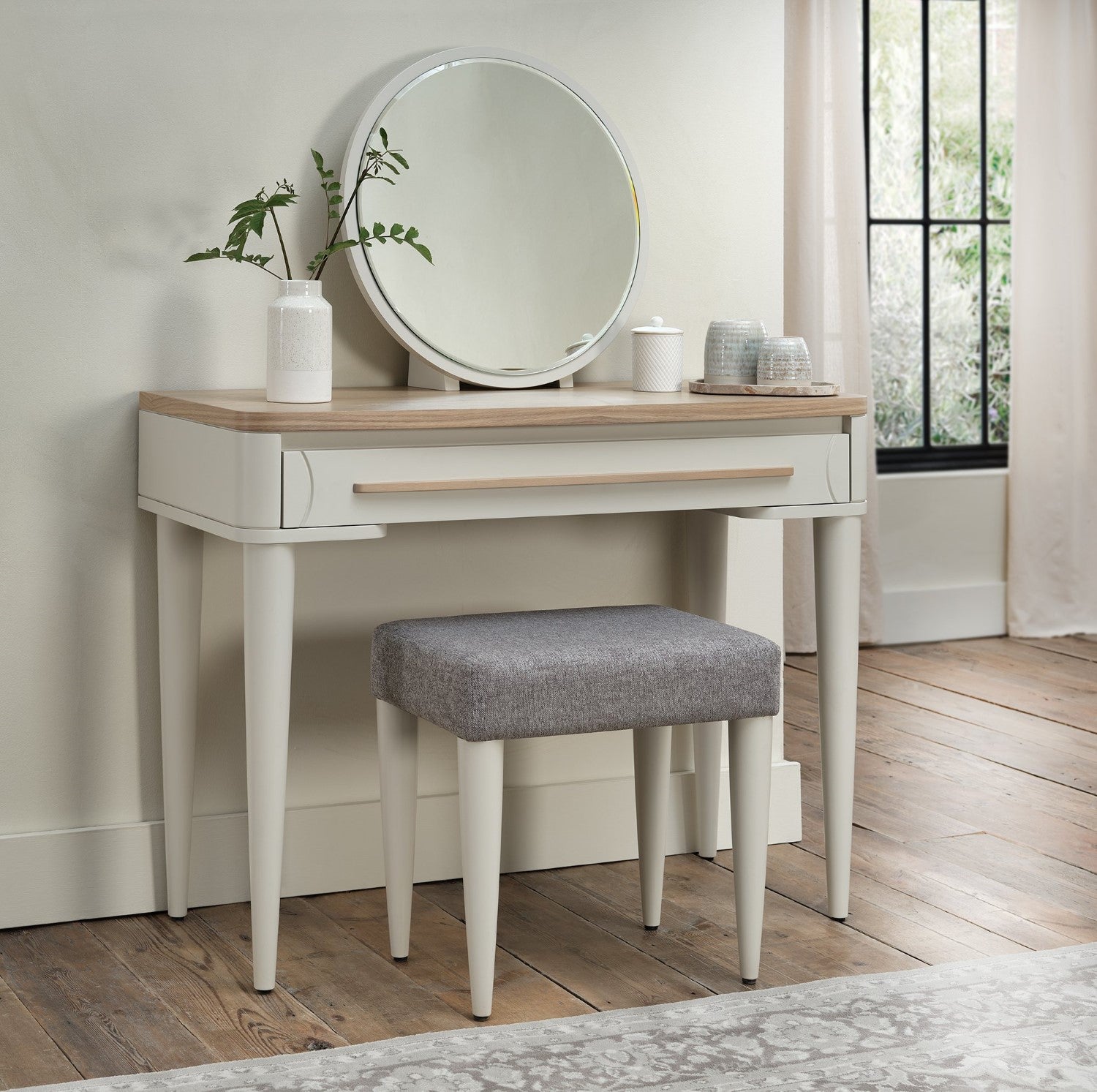 Light Grey Wooden Round Vanity Dressing Table Mirror - Home Furniture Interiors