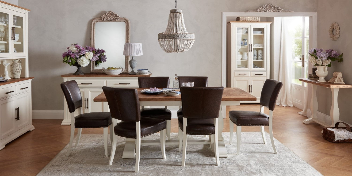 2 Tone Table And 6 Ivory Chairs in Brown Leather