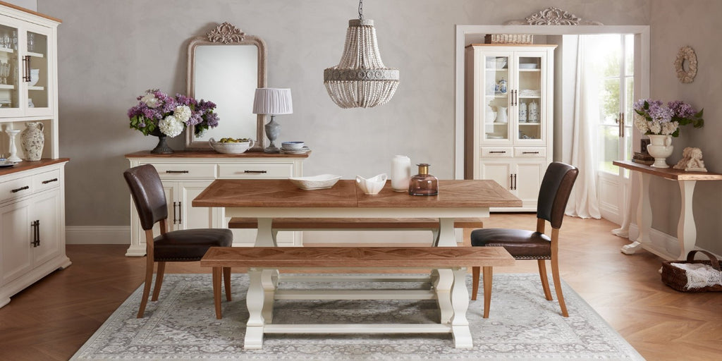 Ivory White Painted Rustic Oak Top Dining Bench - Home Furniture Interiors