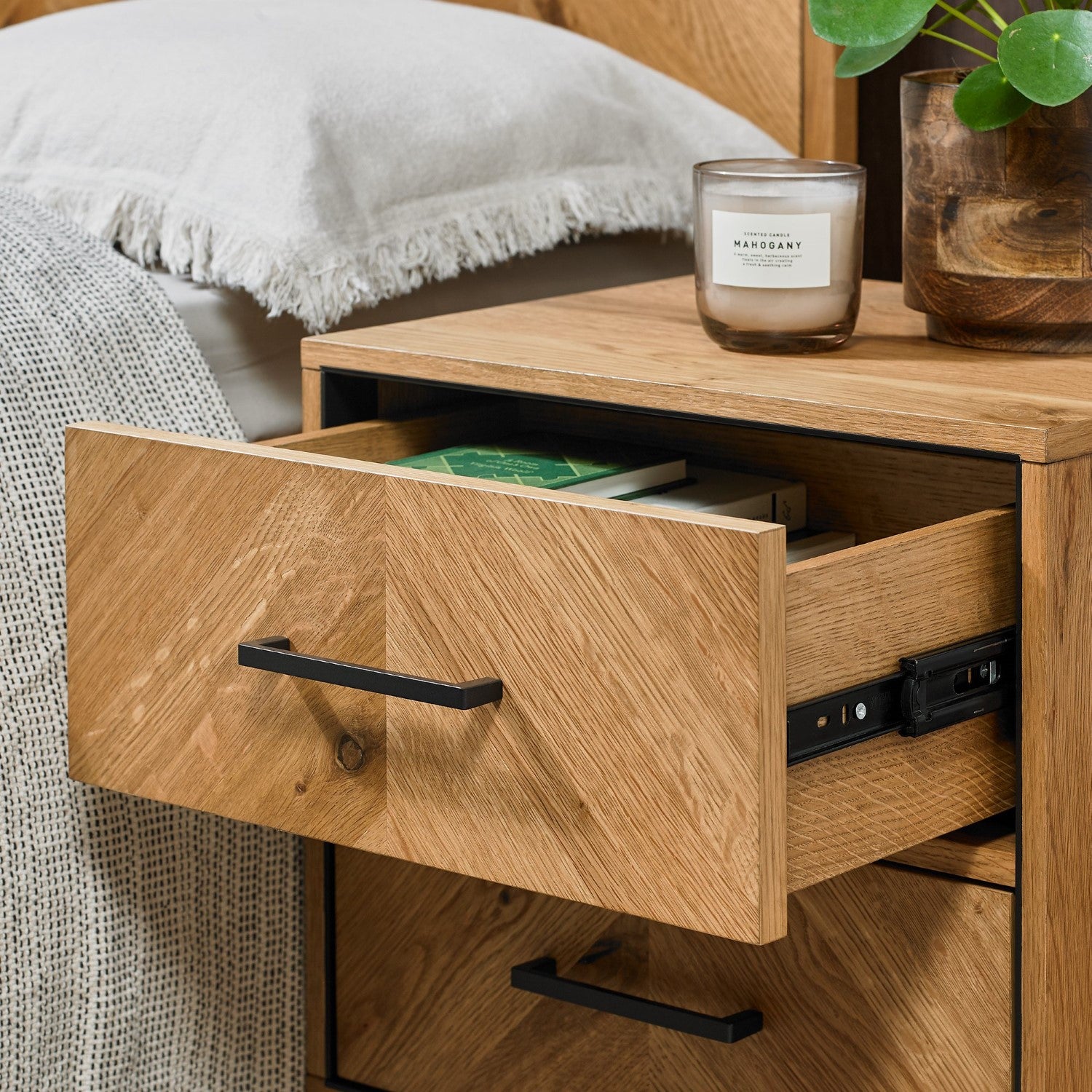 Rustic Chevron Oak 2 Drawer Bedside Chest - Home Furniture Interiors