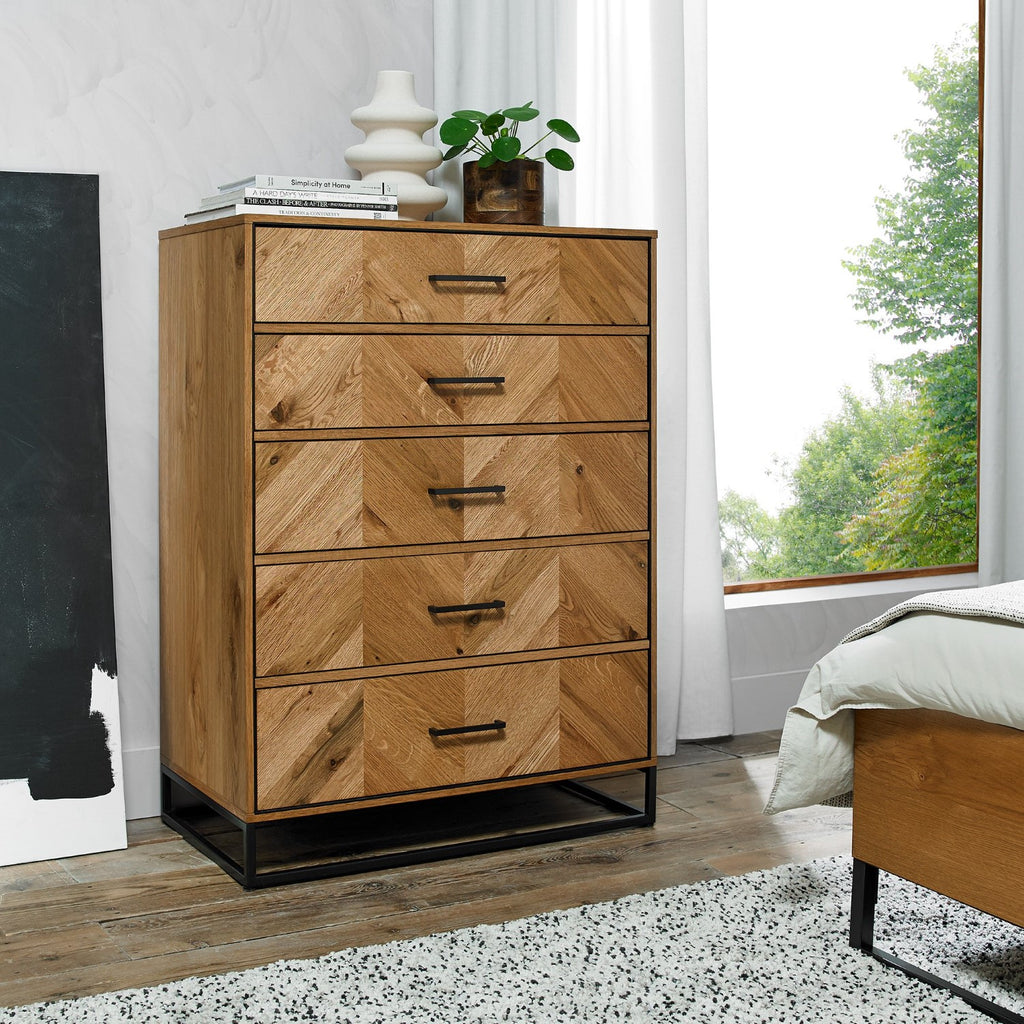 Rustic Oak Parquet Chevron Pattern Tall Chest of 5 Drawers