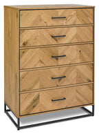 Rustic Oak Parquet Chevron Pattern Tall Chest of 5 Drawers - Home Furniture Interiors