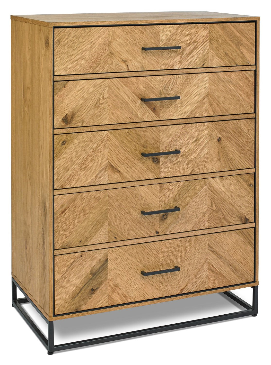 Rustic Oak Parquet Chevron Pattern Tall Chest of 5 Drawers - Home Furniture Interiors