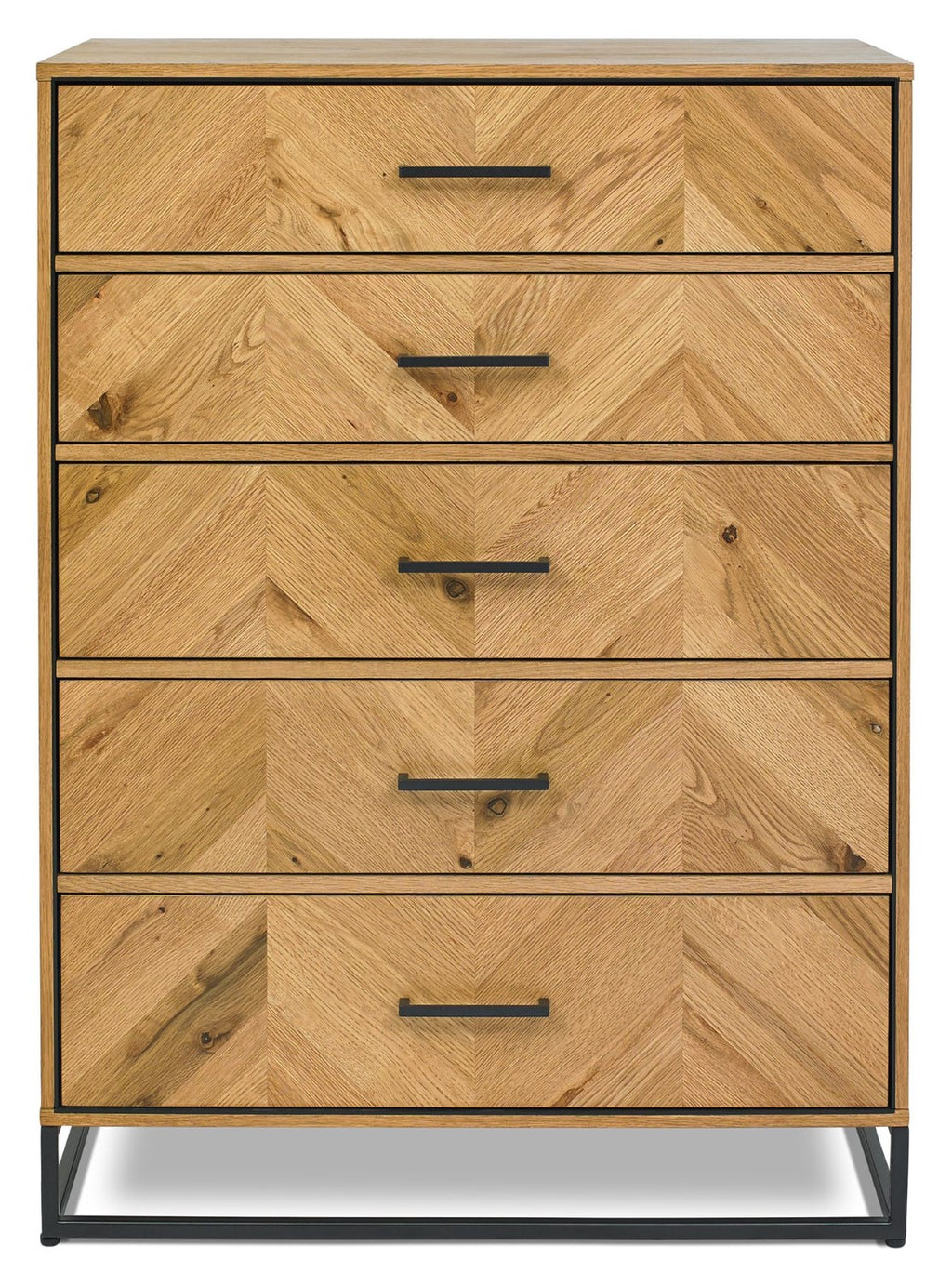 Rustic Oak Parquet Chevron Pattern Tall Chest of 5 Drawers - Home Furniture Interiors