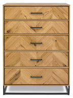 Rustic Oak Parquet Chevron Pattern Tall Chest of 5 Drawers - Home Furniture Interiors