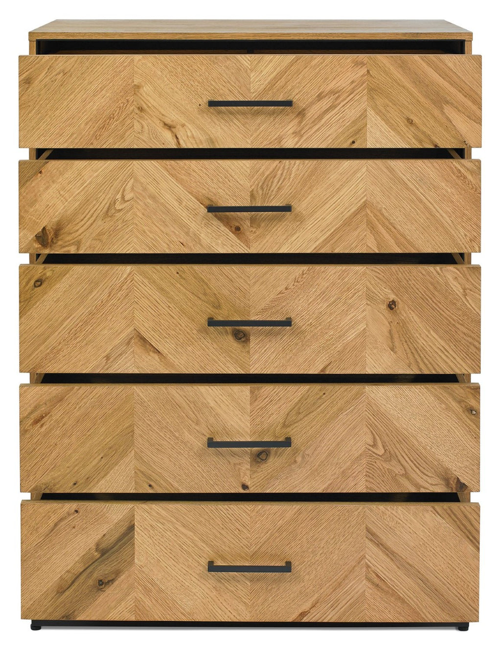 Rustic Oak Parquet Chevron Pattern Tall Chest of 5 Drawers - Home Furniture Interiors