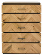 Rustic Oak Parquet Chevron Pattern Tall Chest of 5 Drawers - Home Furniture Interiors