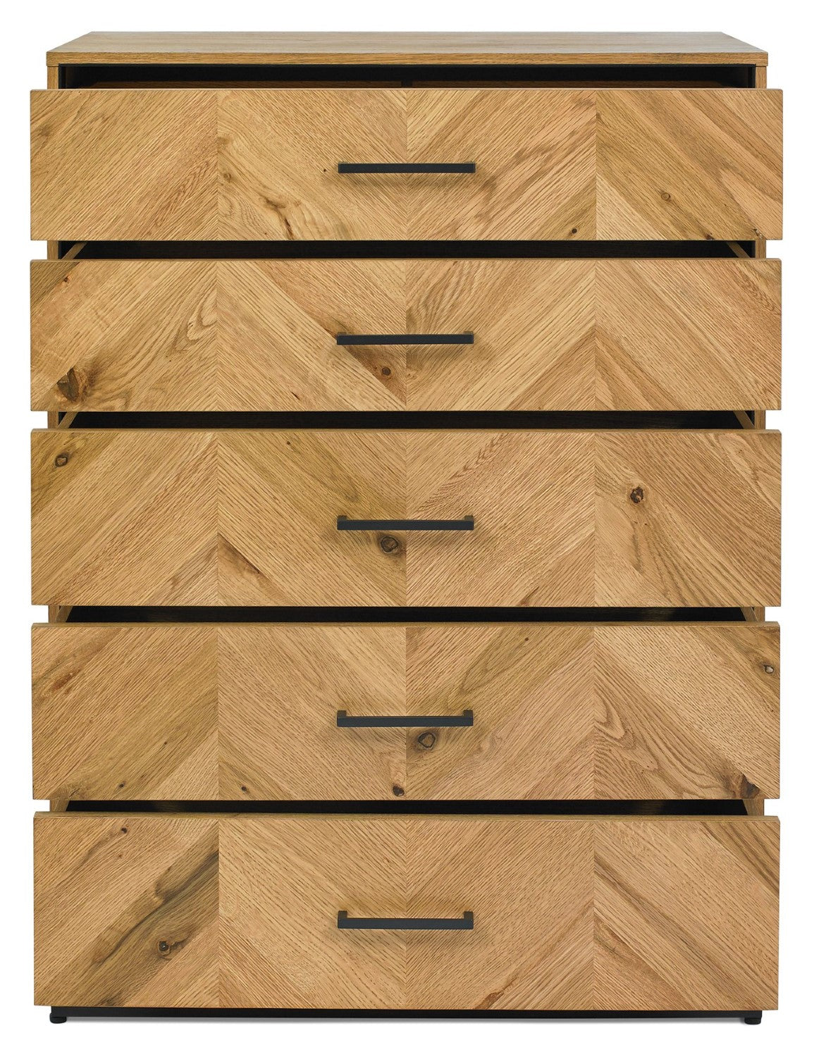 Rustic Oak Parquet Chevron Pattern Tall Chest of 5 Drawers - Home Furniture Interiors