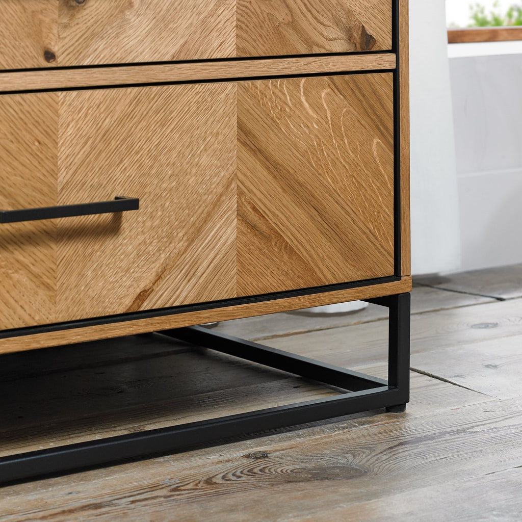 Rustic Oak Parquet Chevron Pattern Tall Chest of 5 Drawers - Home Furniture Interiors