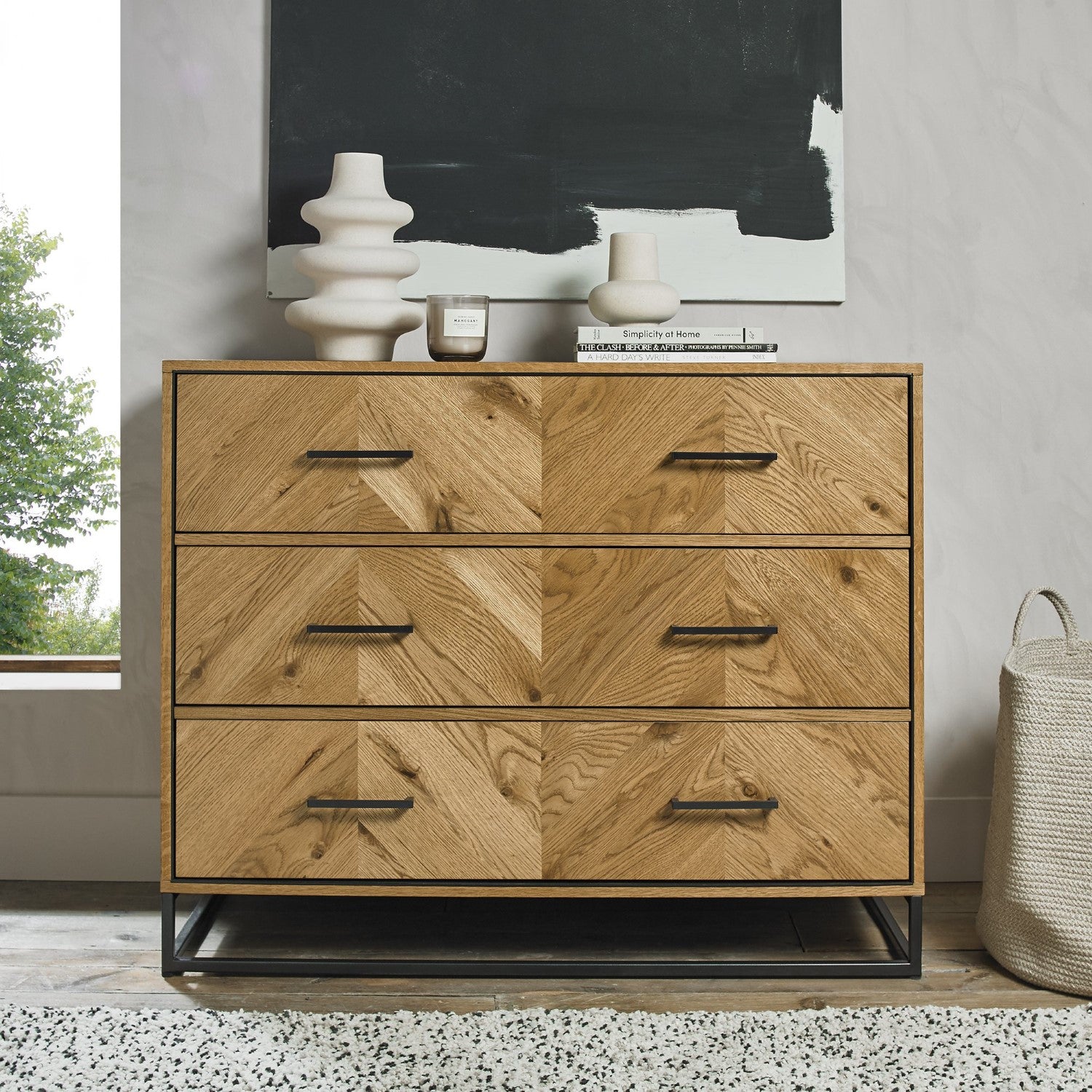Rustic Oak Chest of 3 Drawers Chevron Design