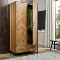 Rustic Chevron Oak 2 Door Double Wardrobe with Base Drawer