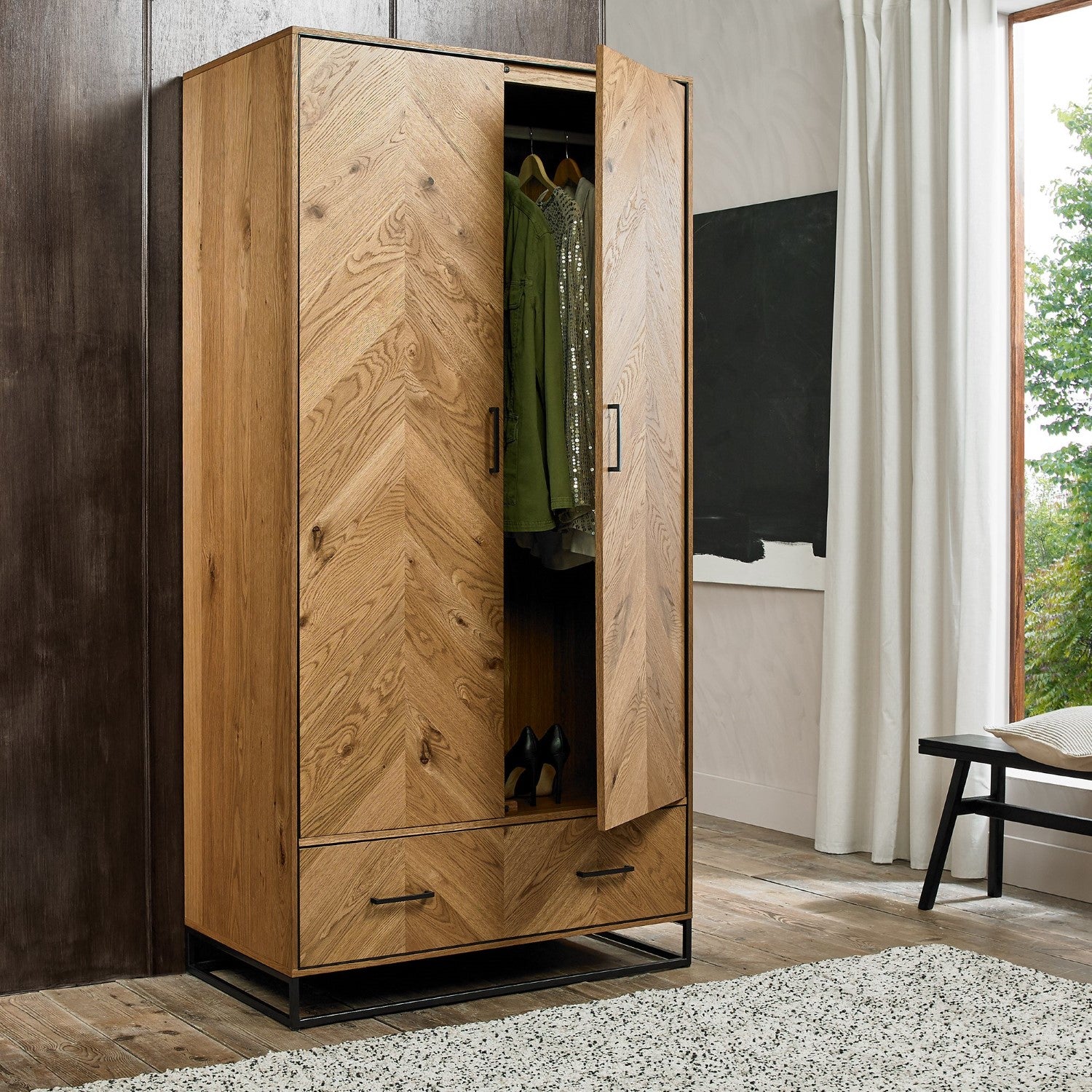 Rustic Chevron Oak 2 Door Double Wardrobe with Base Drawer