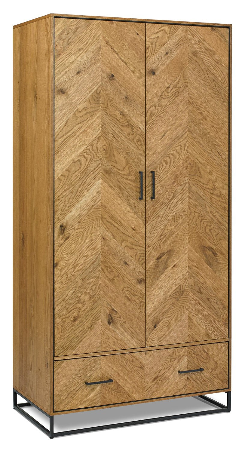Rustic Chevron Oak 2 Door Double Wardrobe with Base Drawer - Home Furniture Interiors