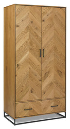 Rustic Chevron Oak 2 Door Double Wardrobe with Base Drawer - Home Furniture Interiors