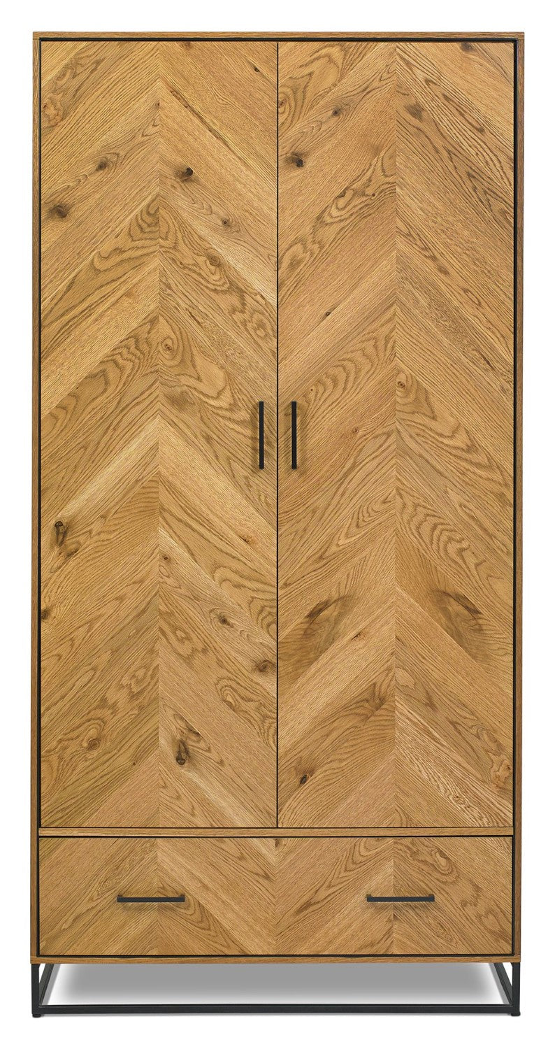 Rustic Chevron Oak 2 Door Double Wardrobe with Base Drawer - Home Furniture Interiors