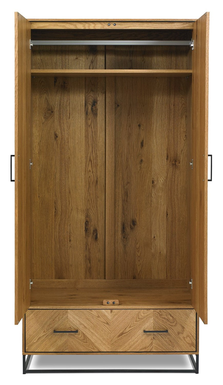Rustic Chevron Oak 2 Door Double Wardrobe with Base Drawer - Home Furniture Interiors
