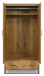 Rustic Chevron Oak 2 Door Double Wardrobe with Base Drawer - Home Furniture Interiors