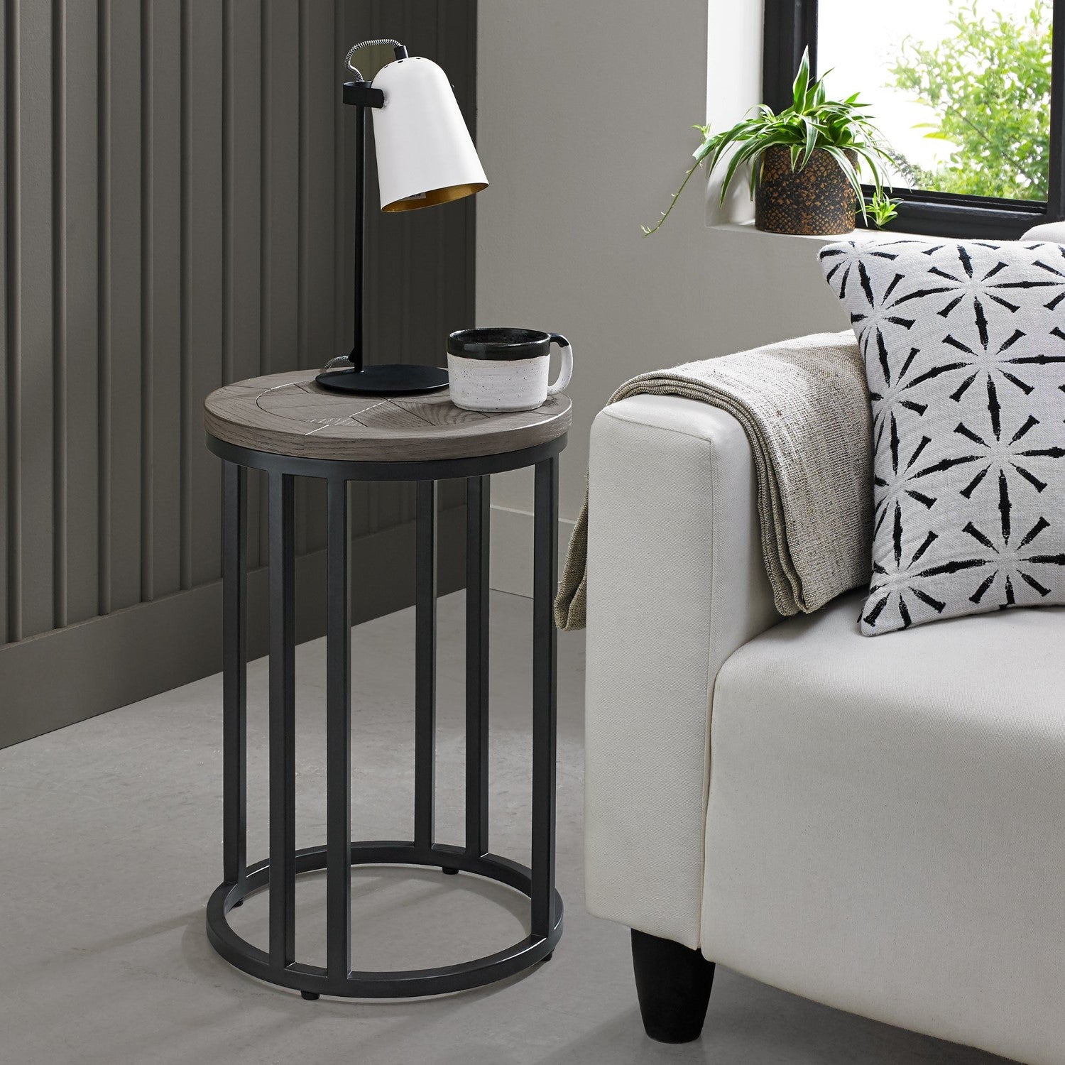 Silver Grey Wooden Round Side Table Black Metal Base