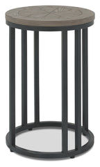 Silver grey wooden round side table with black metal base, ideal as a side lamp or end table by Bentley Designs