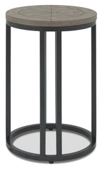 Silver grey wooden round side table with black metal base, perfect as a side lamp or end table by Bentley Designs.