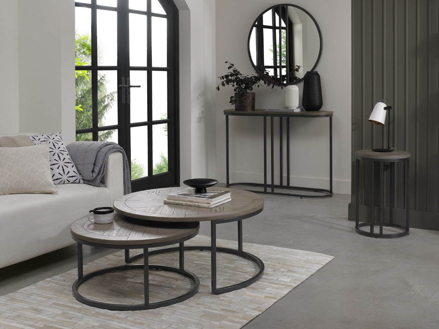 Silver Grey Wooden Round Side Table Black Metal Base - Home Furniture Interiors