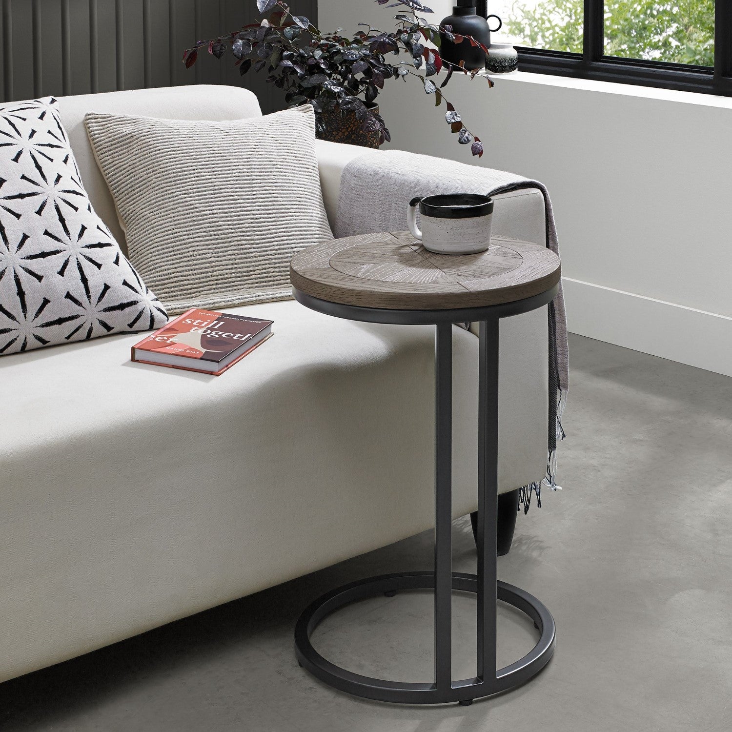 Dark Wood Round Sofa End Table Dark Grey Metal Base