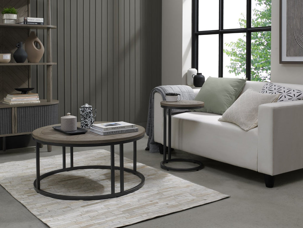 Dark Wood Round Sofa End Table Dark Grey Metal Base - Home Furniture Interiors