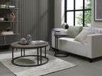 Dark Wood Round Sofa End Table Dark Grey Metal Base - Home Furniture Interiors