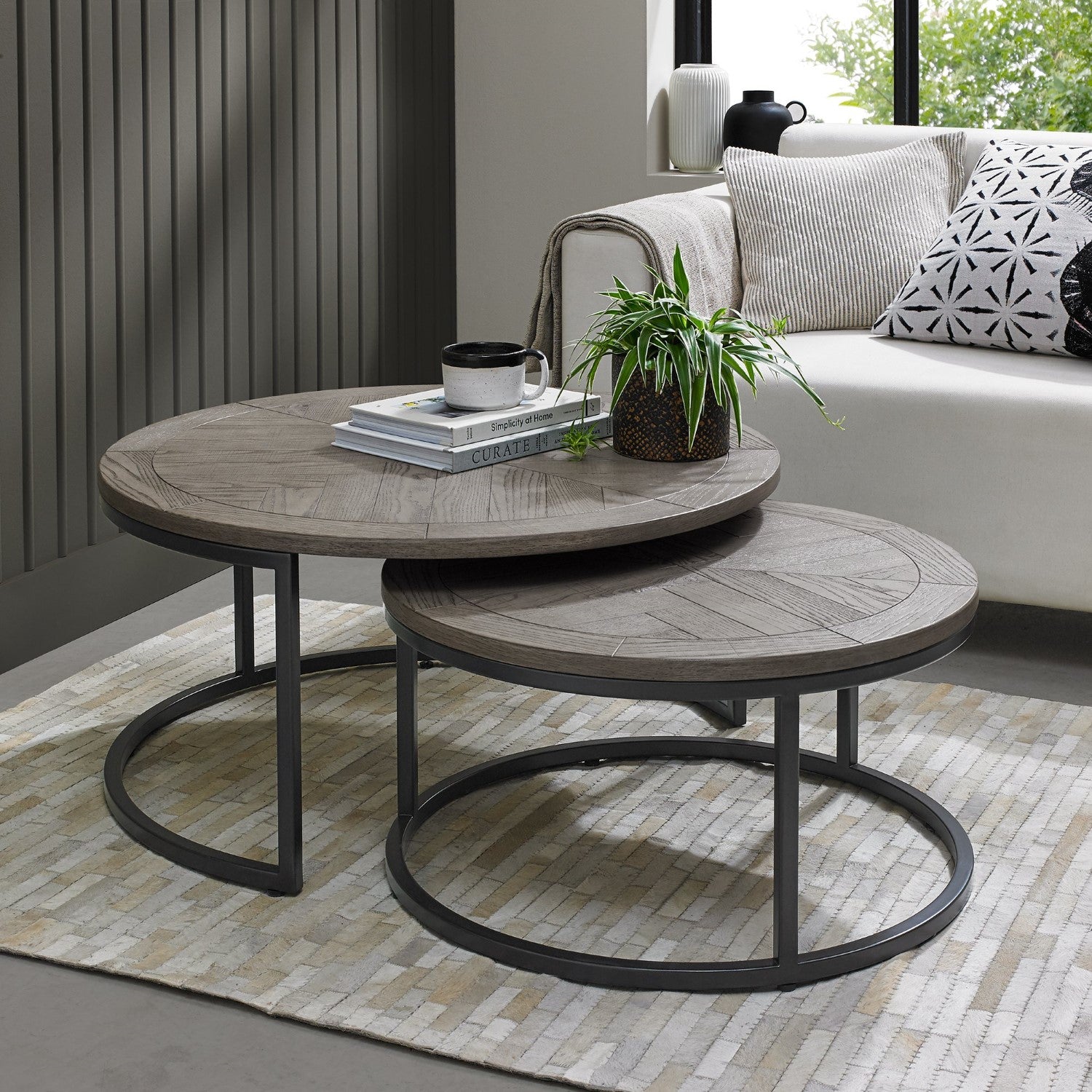 Silver Grey Wood Round Nest of 2 Coffee Tables