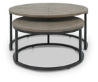 Pair of silver grey wood round nest coffee tables by Bentley Designs, showcasing smooth surfaces and modern design.