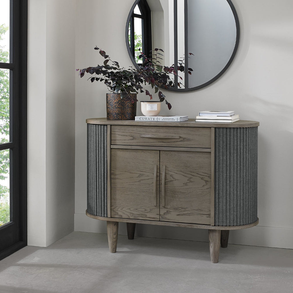 Grey Oval Sideboard Cabinet 2 Sliding Roll Back Doors