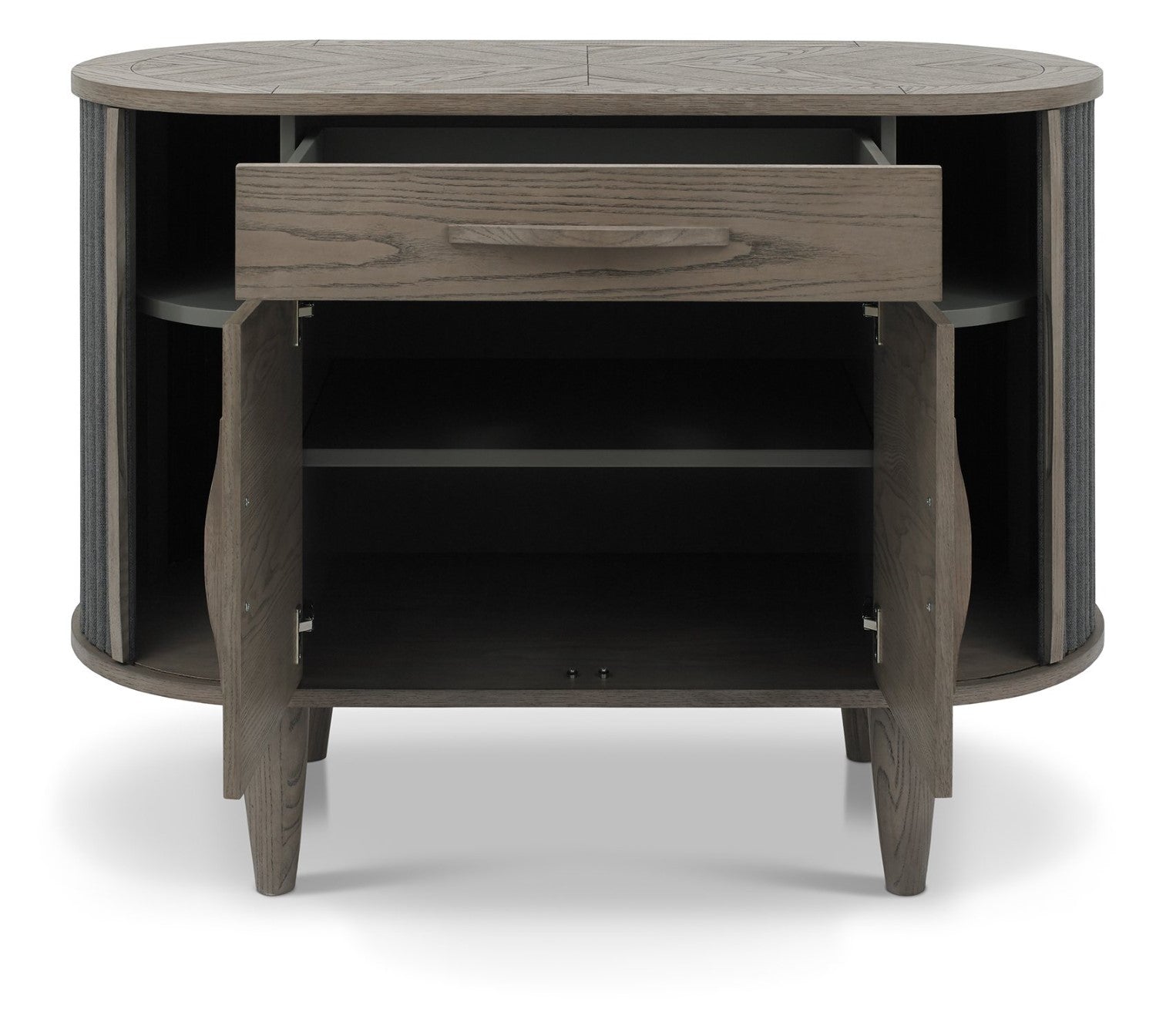 Grey Oval Sideboard Cabinet 2 Sliding Roll Back Doors - Home Furniture Interiors