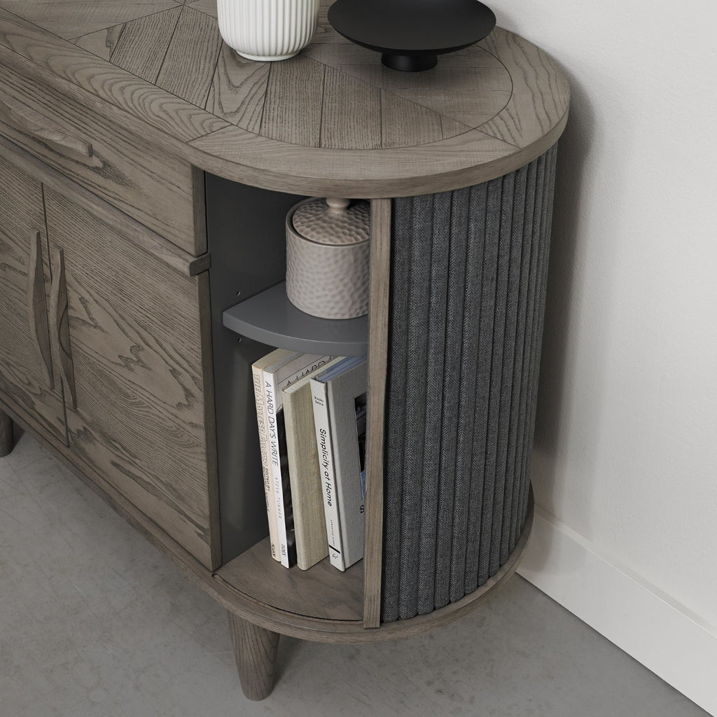 Grey Oval Sideboard Cabinet 2 Sliding Roll Back Doors - Home Furniture Interiors