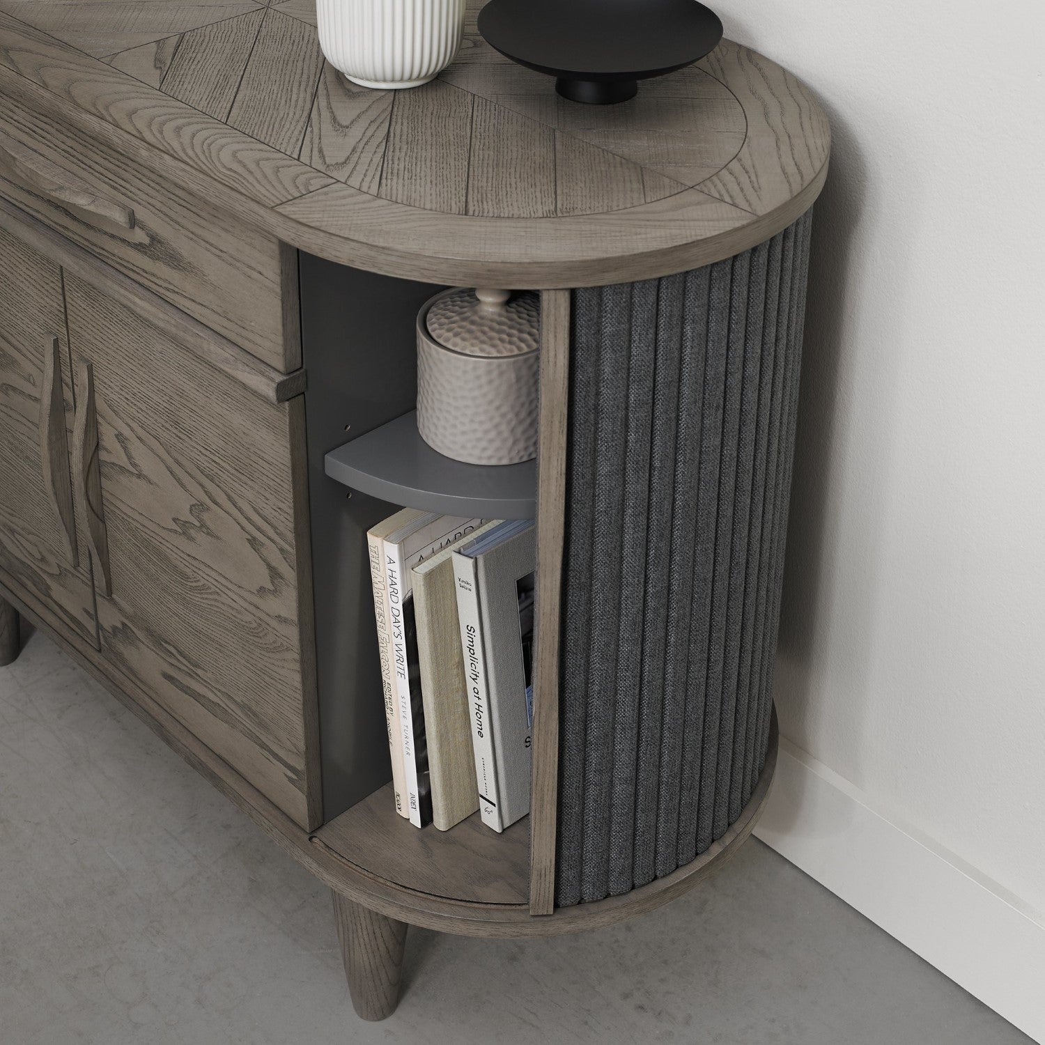 Grey Oval Sideboard Cabinet 2 Sliding Roll Back Doors - Home Furniture Interiors