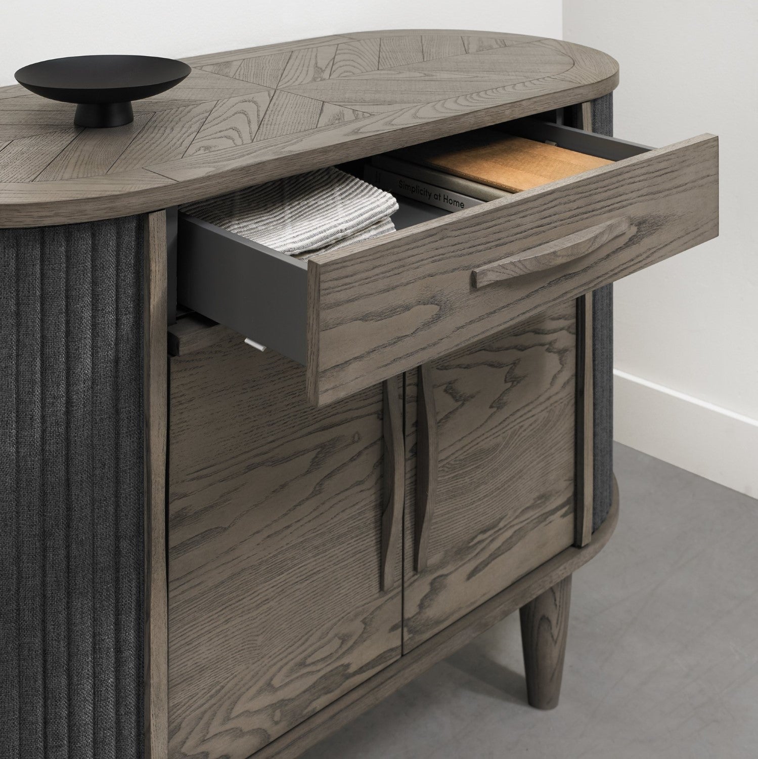 Grey Oval Sideboard Cabinet 2 Sliding Roll Back Doors - Home Furniture Interiors
