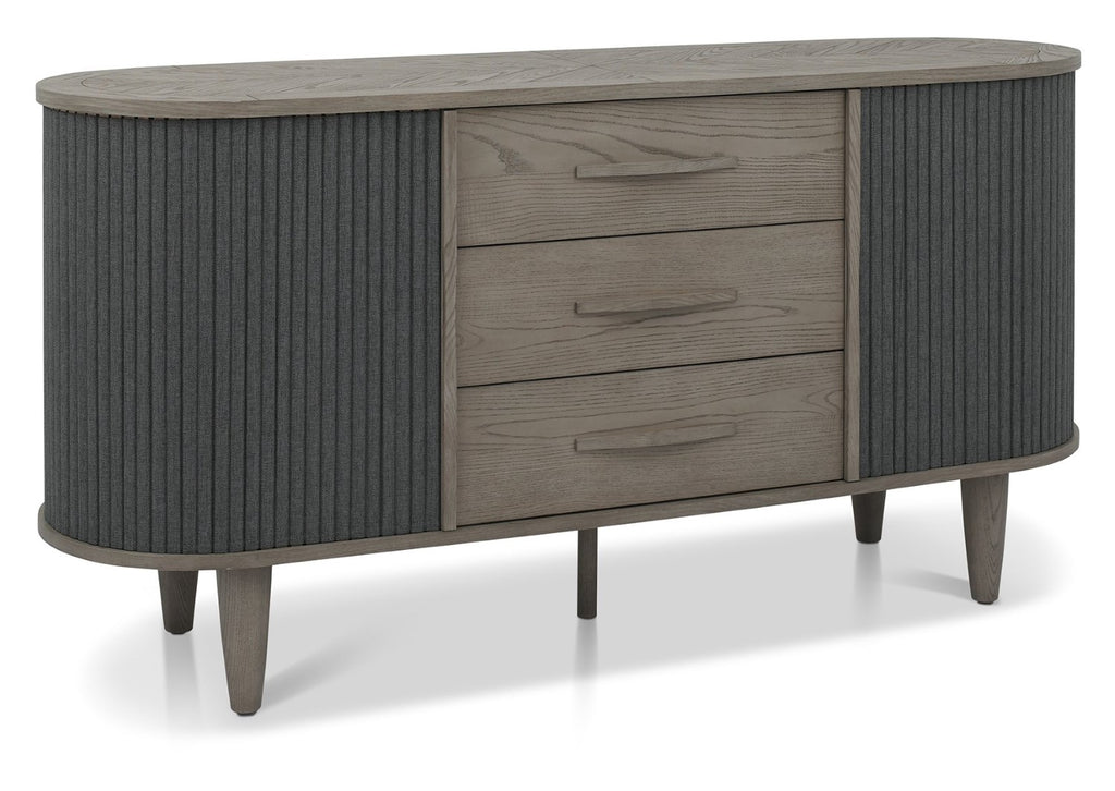 Silver and grey wooden sideboard with two sliding doors, sleek design by Bentley Designs for modern living spaces.