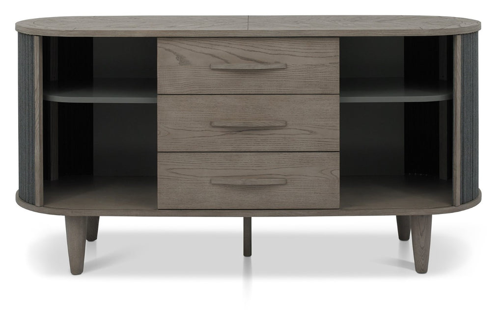 Silver and grey wooden sideboard with two sliding doors, designed by Bentley Designs, featuring a modern wide storage solution.