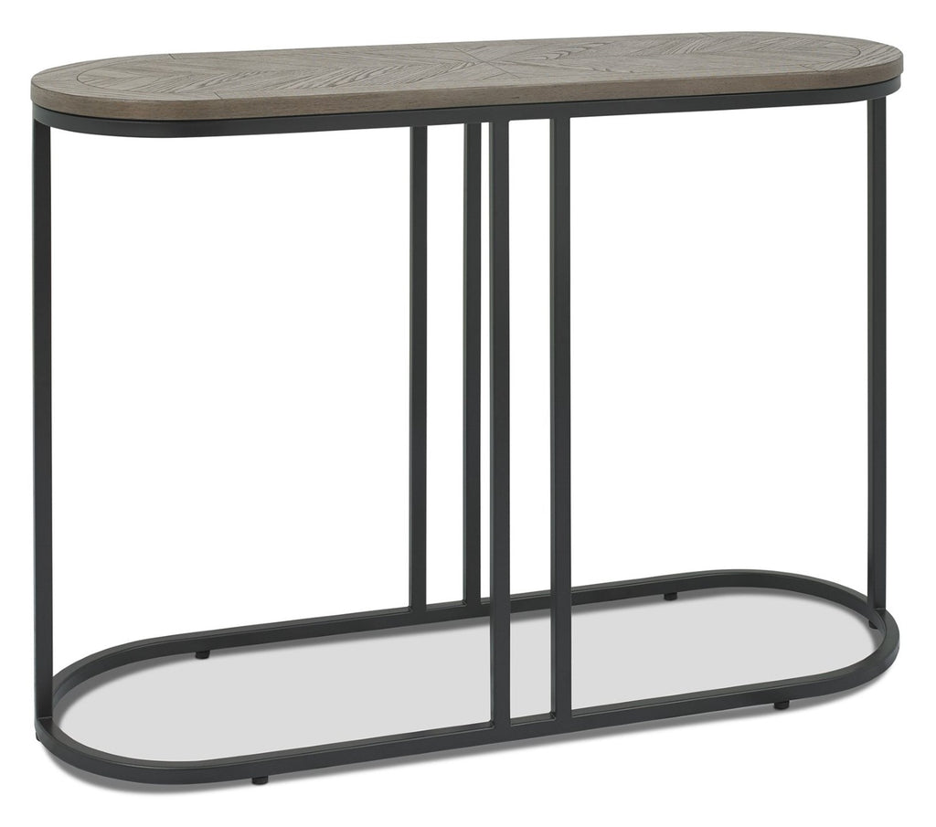 Silver Grey Oak Oval Console Table Chevron Top Metal Frame - Home Furniture Interiors
