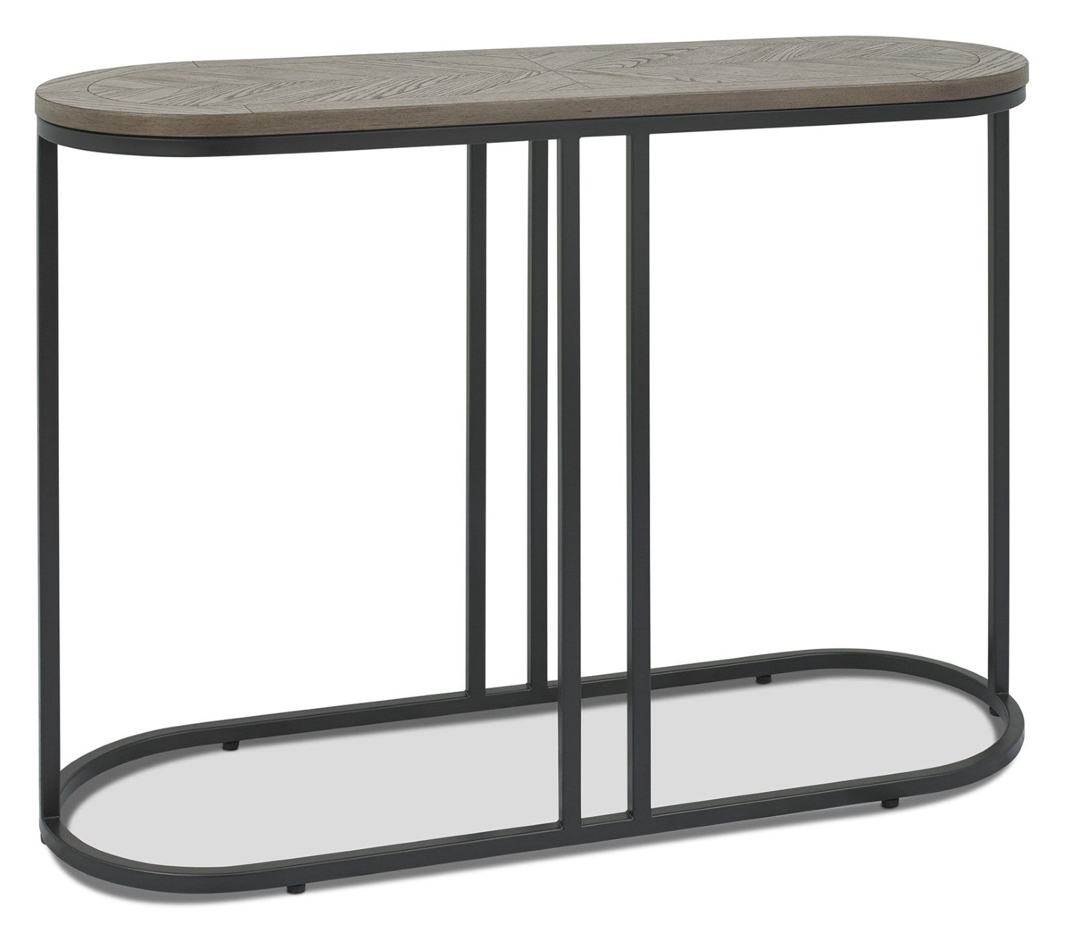 Silver Grey Oak Oval Console Table Chevron Top Metal Frame - Home Furniture Interiors
