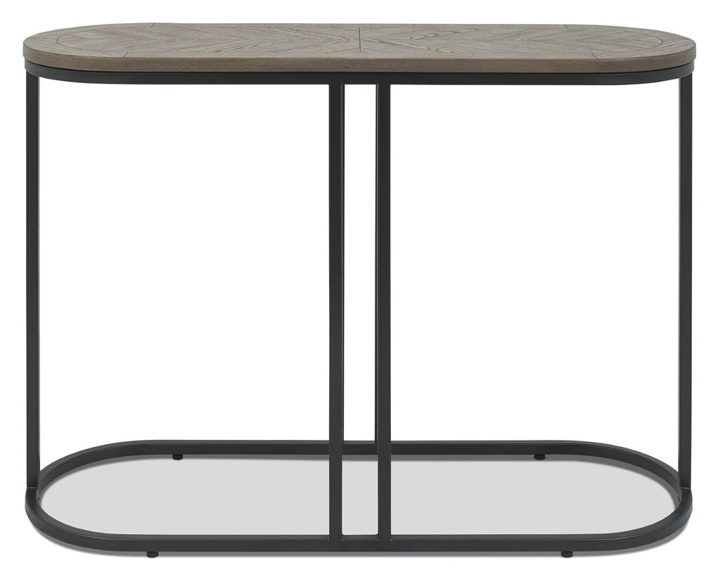 Silver Grey Oak Oval Console Table Chevron Top Metal Frame - Home Furniture Interiors