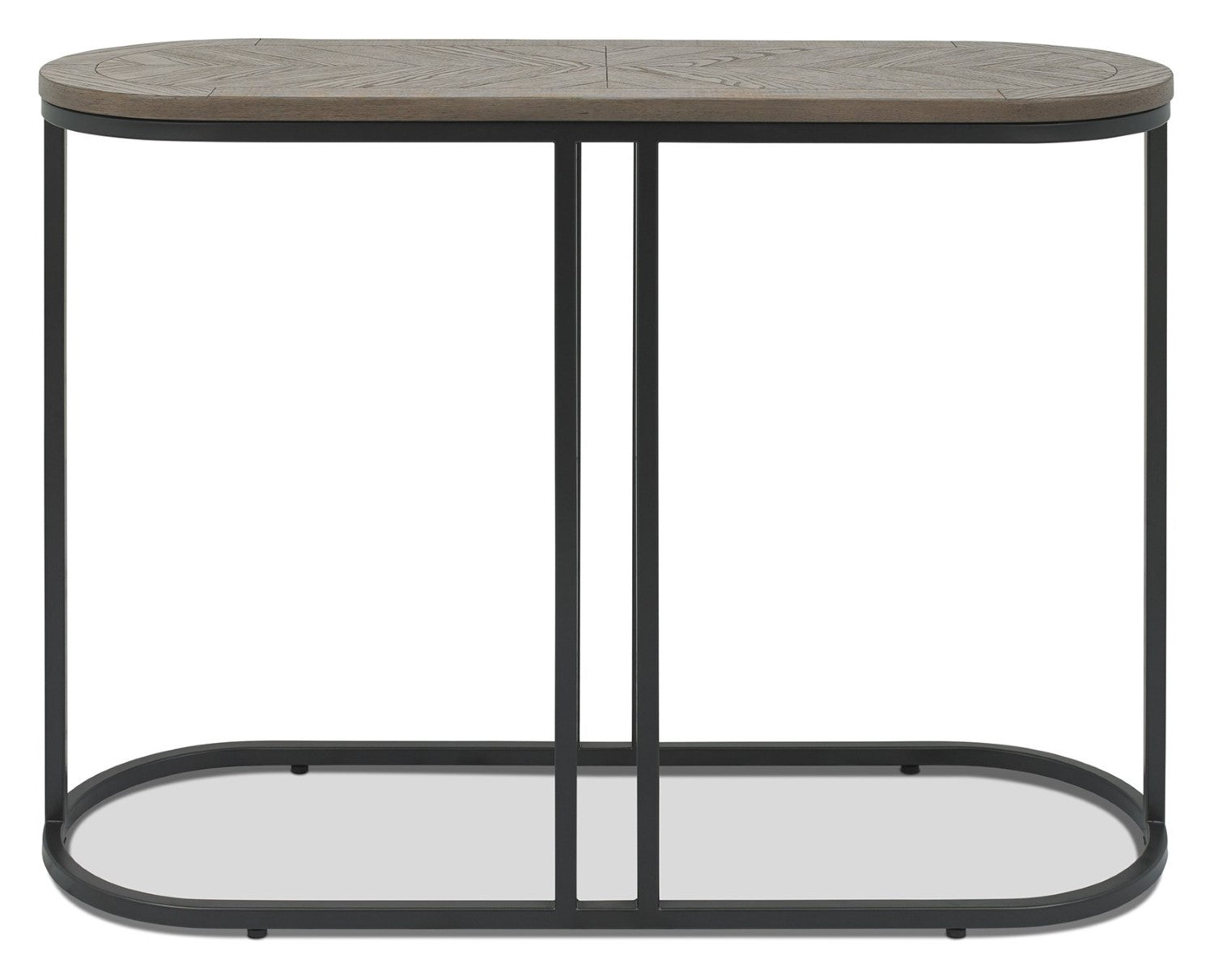 Silver Grey Oak Oval Console Table Chevron Top Metal Frame - Home Furniture Interiors