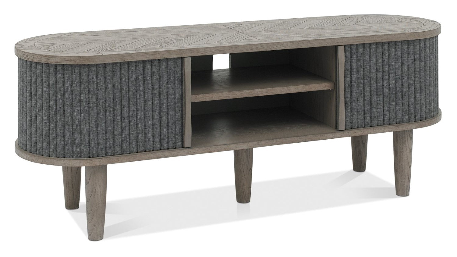 Large Silver Grey TV Cabinet Sliding Doors Parquet Wood Top - Home Furniture Interiors