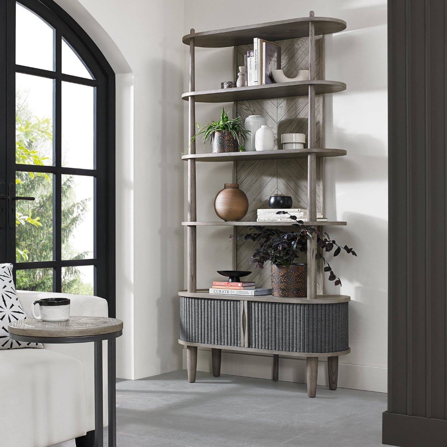 Grey Wooden Open Display Shelving Unit with Cupboard Base