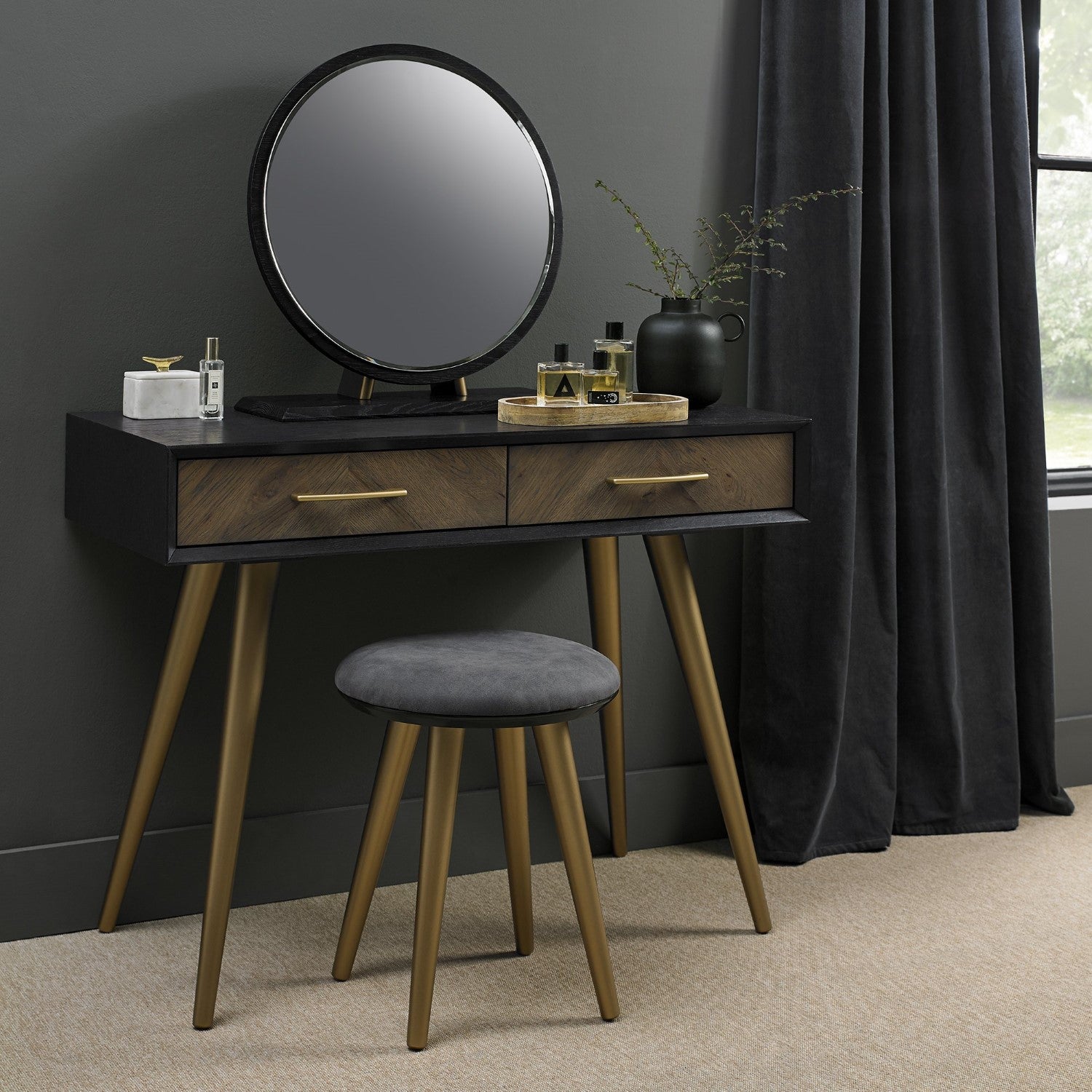 Peppercorn Black Round Frame Vanity Dressing Table Mirror - Home Furniture Interiors