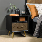 Dark Rustic Fumed Oak and Black 1 Drawer Bedside Table