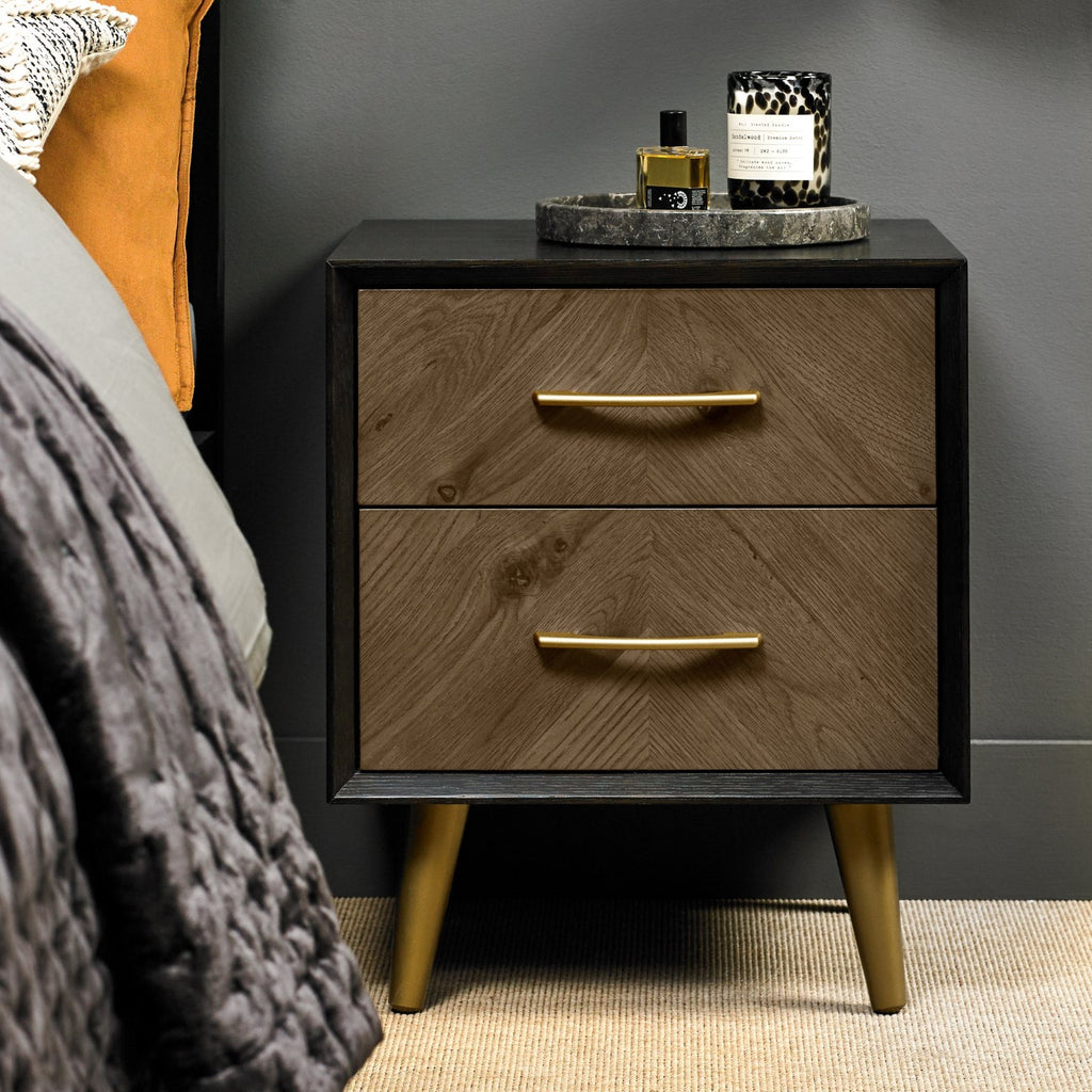 Chevron Dark Rustic Oak and Black 2 Drawer Bedside Chest
