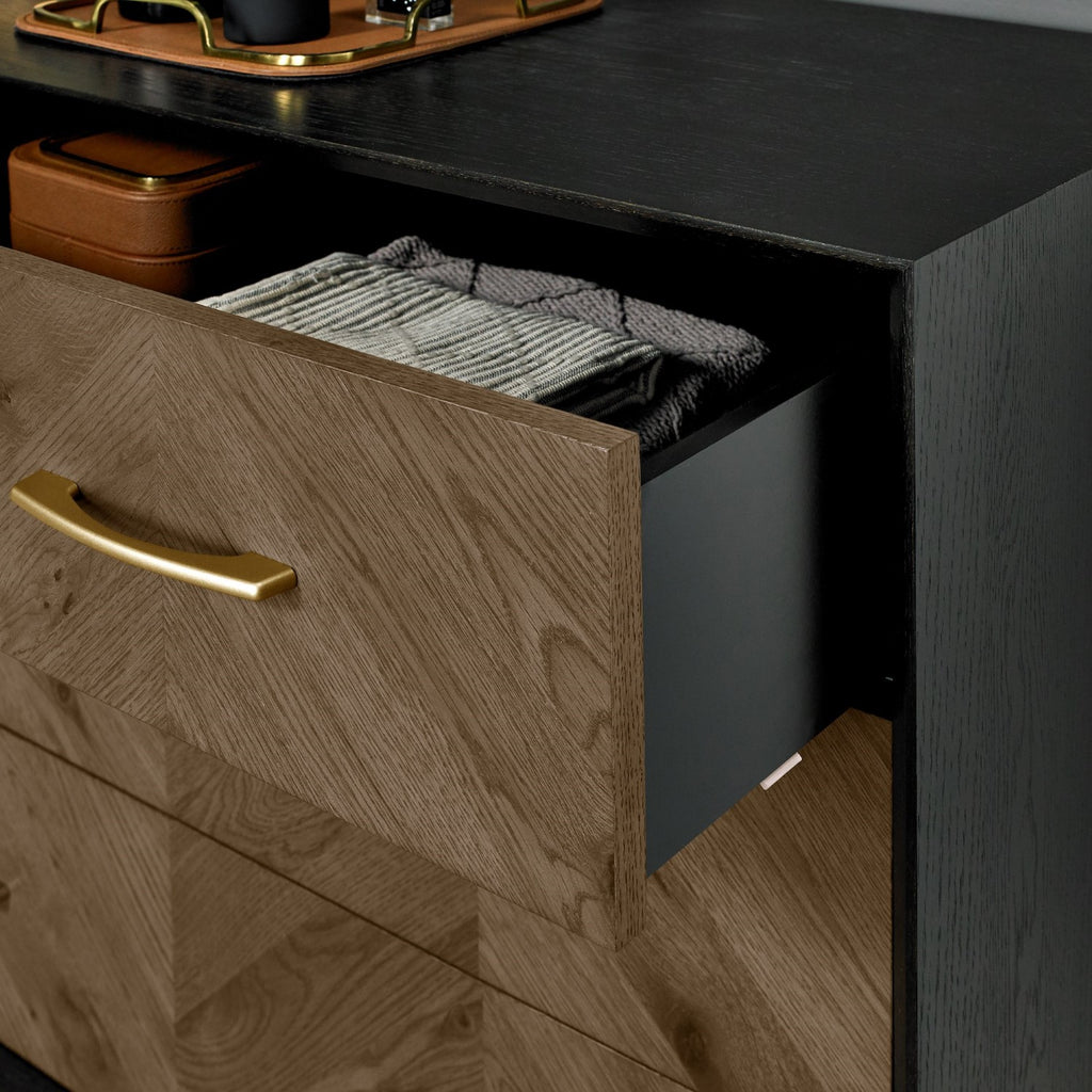 Dark Oak and Black Wide Chest of 3 Drawers - Home Furniture Interiors