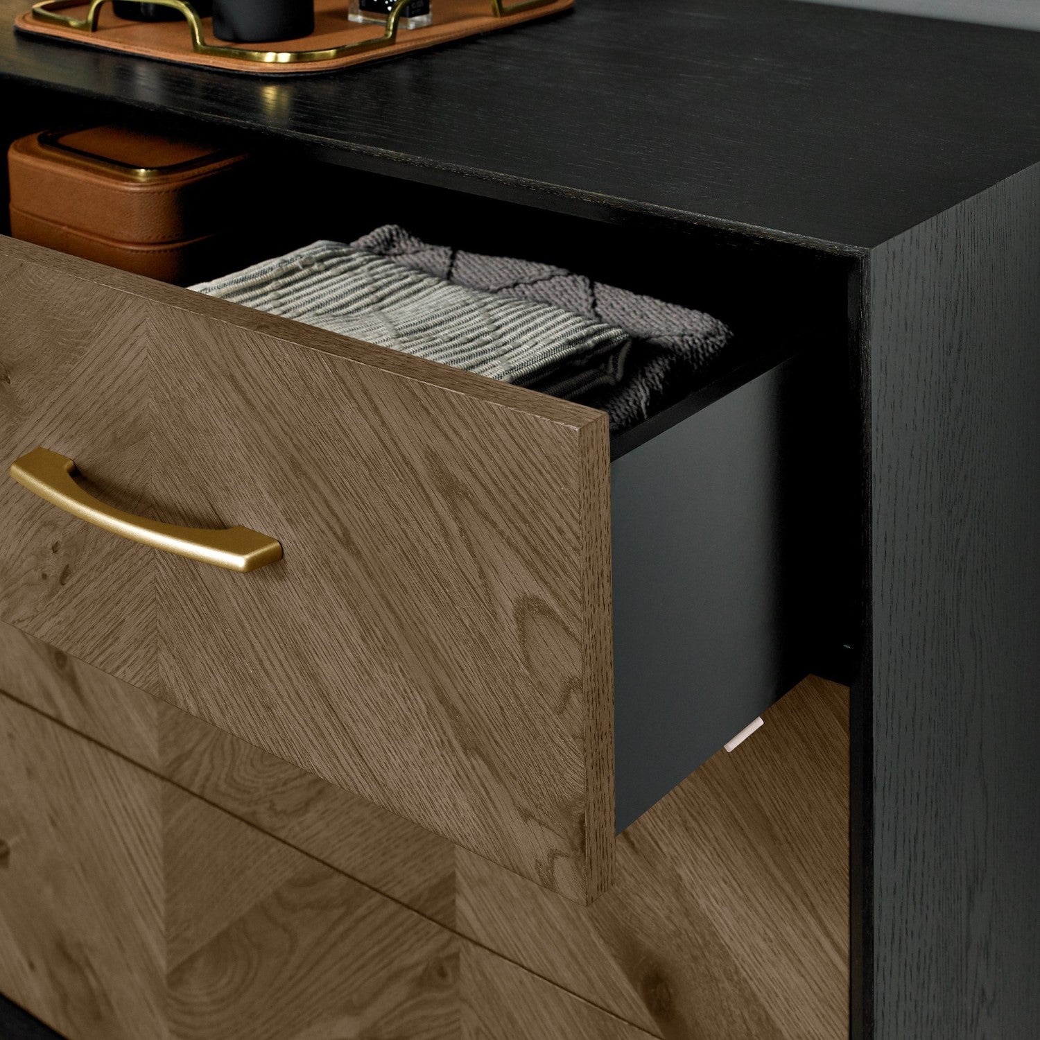 Dark Oak and Black Wide Chest of 3 Drawers - Home Furniture Interiors