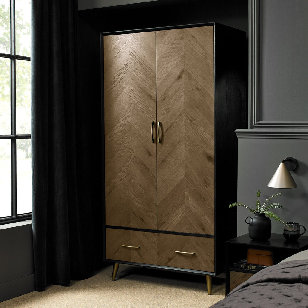Dark Oak and Black Double 2 Door 1 Drawer Wardrobe