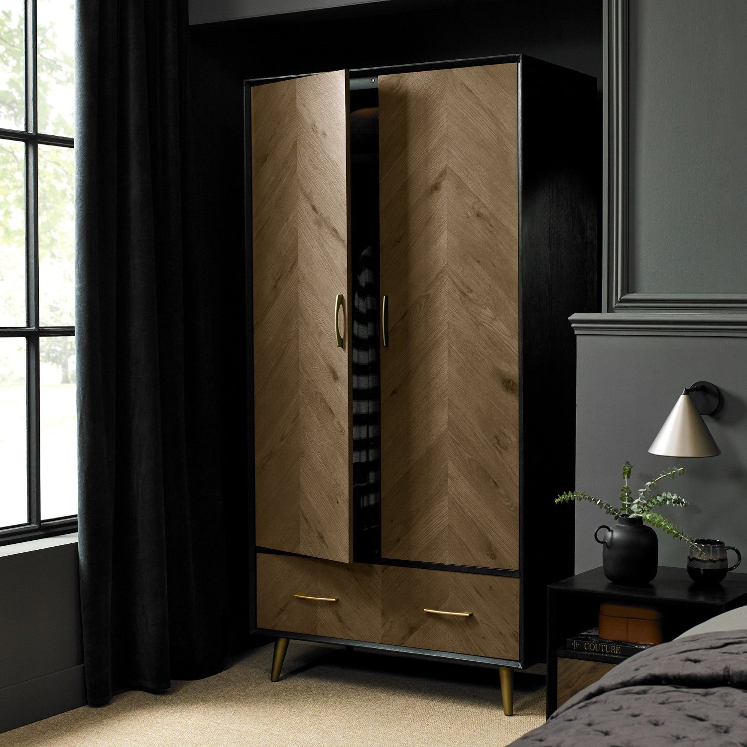 Dark Oak and Black Double 2 Door 1 Drawer Wardrobe - Home Furniture Interiors